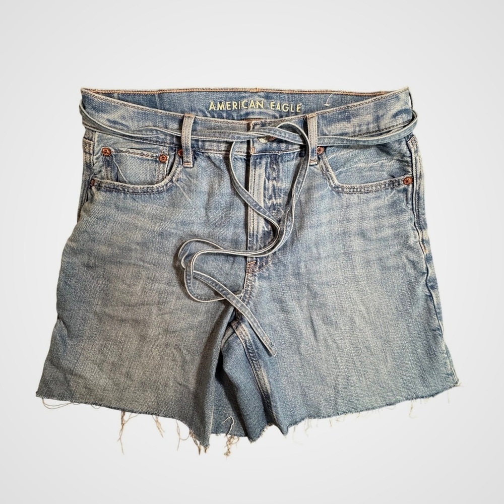 American Eagle Strigid High Waisted Tie Waist Cut Off Denim Shorts Blue Womens 6